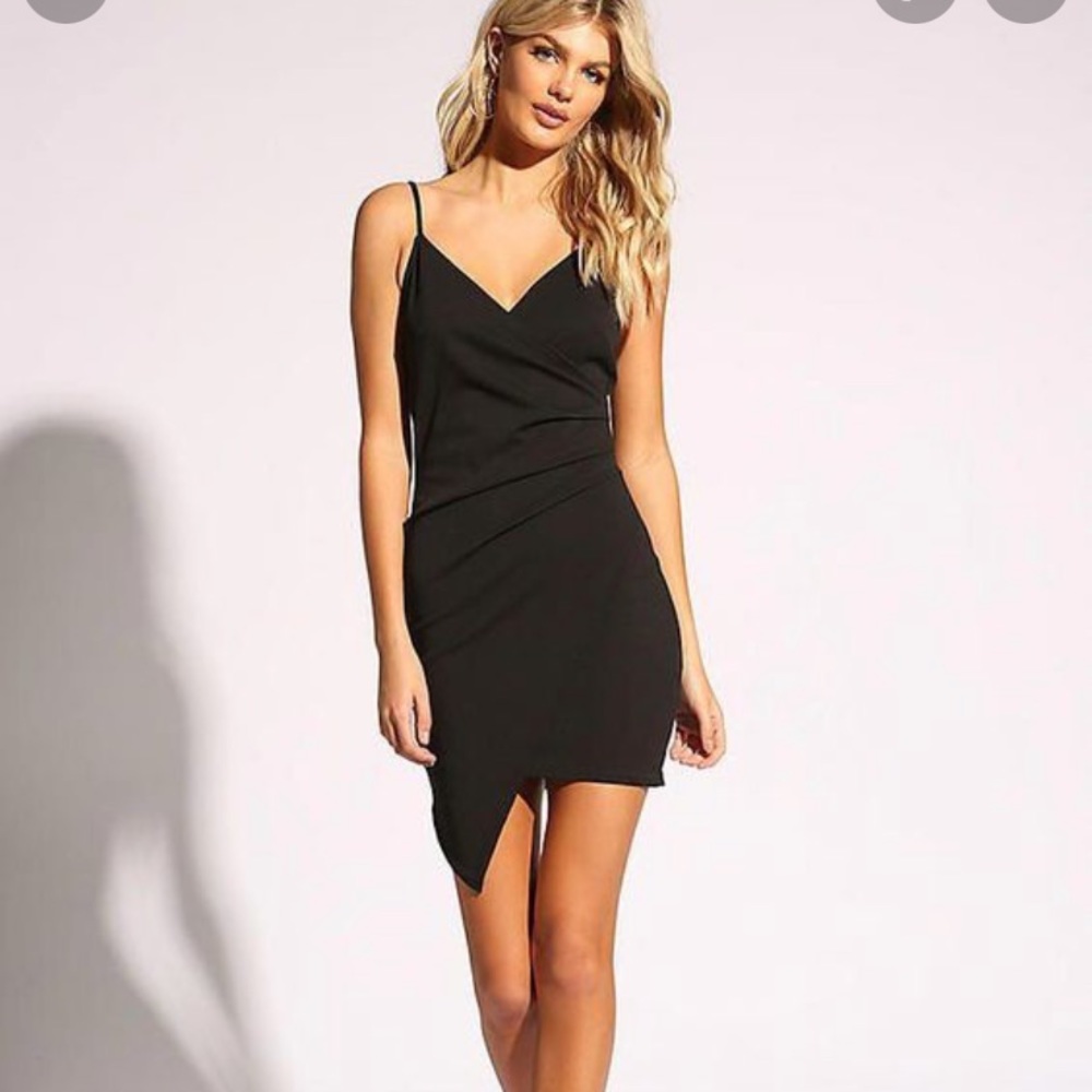 S LBD love bodycon Asymmetrical Hem Slip on Spaghetti Strap Wrap Front black